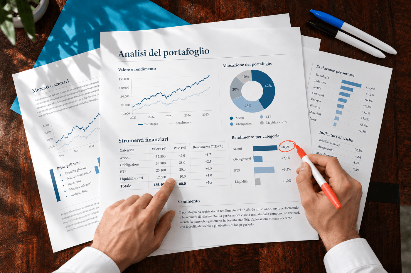 Mani di un giovane consulente che analizza un portafoglio di investimenti