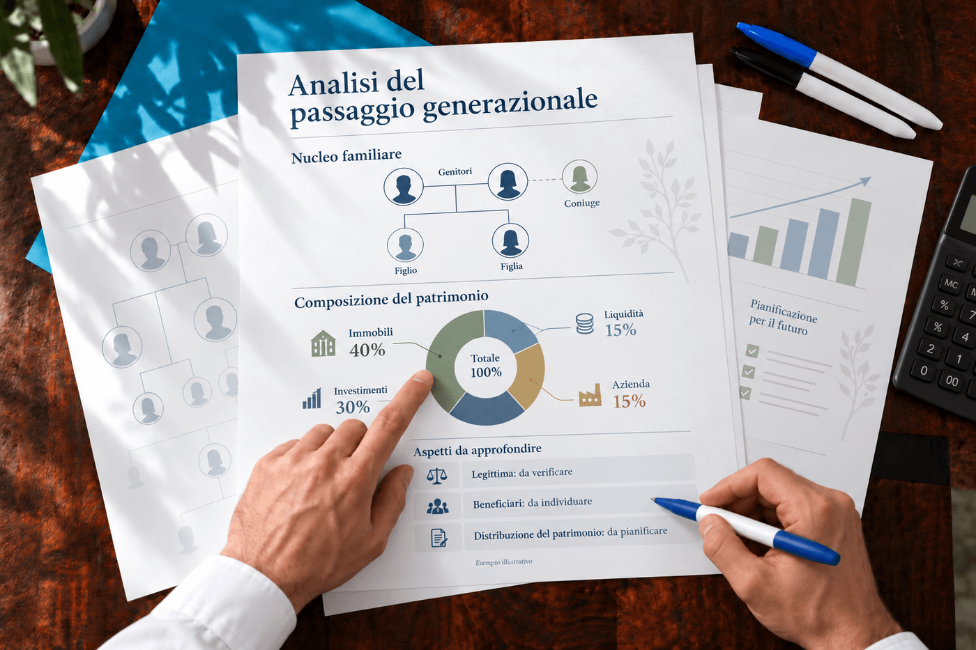 Consulente che analizza un prospetto moderno del passaggio generazionale, con schema familiare e composizione del patrimonio