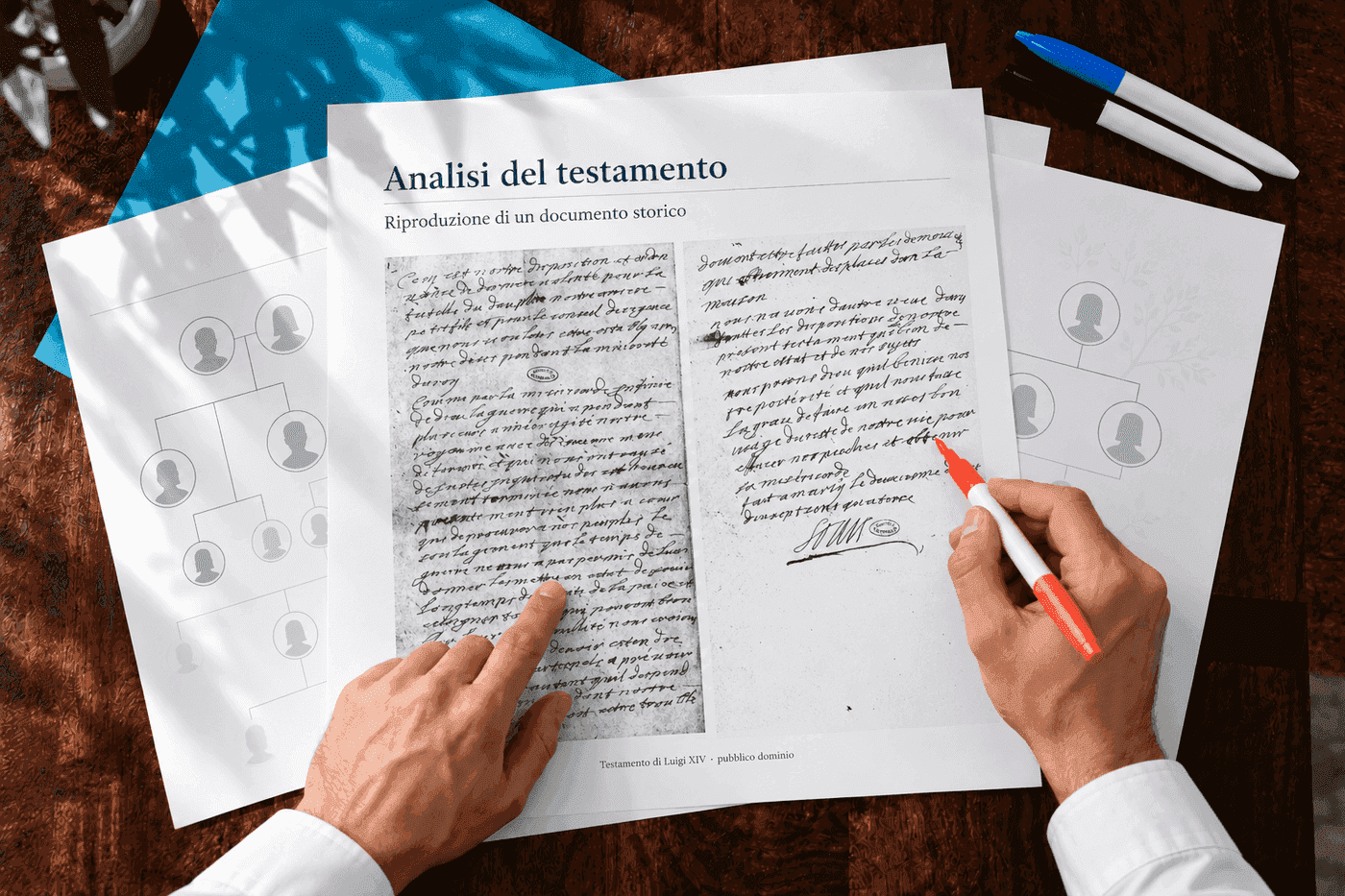 Scena illustrativa di analisi di un testamento storico in pubblico dominio